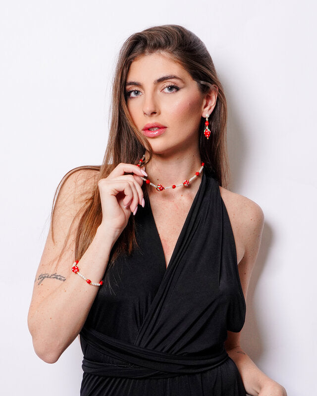 Set coordinato - Collana in Metallo con fragole rosse pendenti Art Glass Stone
