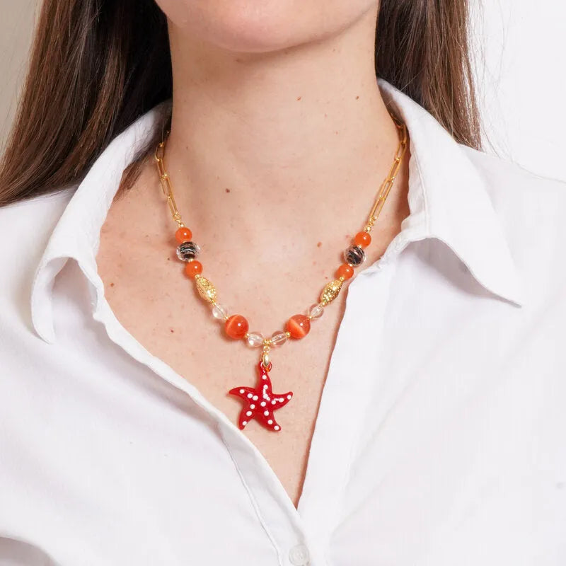 Metal Necklace with red starfish Murano Stone and black and orange stones