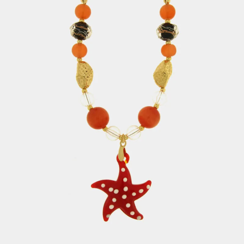 Metal Necklace with red starfish Murano Stone and black and orange stones