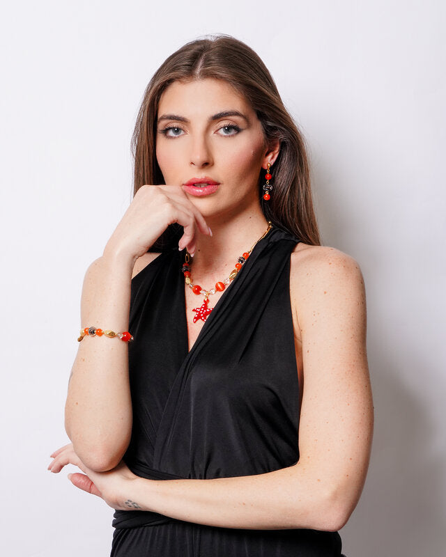 Set coordinato - Collana in Metallo con Art Glass Stone stella marina rossa e pietre nere e arancioni