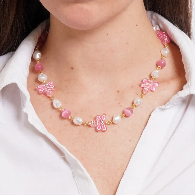 Collana in Metallo con Murano Stone libellula rosa pendente e pietre bianche e rosa AMOVENEZIA - gioiello BySimon