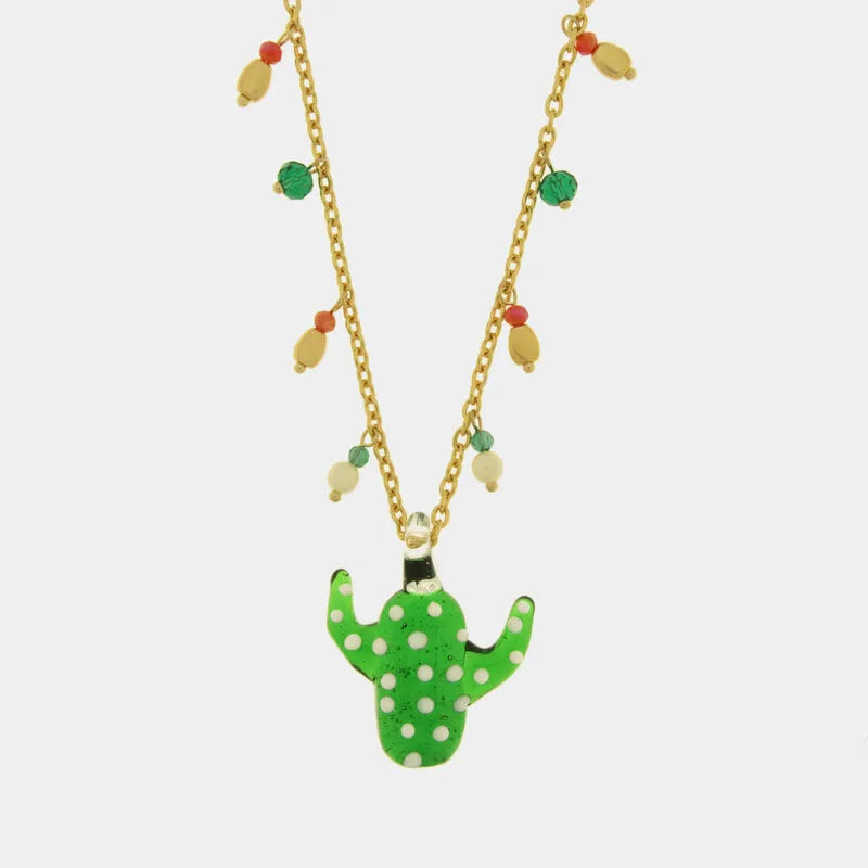 Collana in Metallo con Murano Stone ciondolo fico d'india verde e pietre colorate