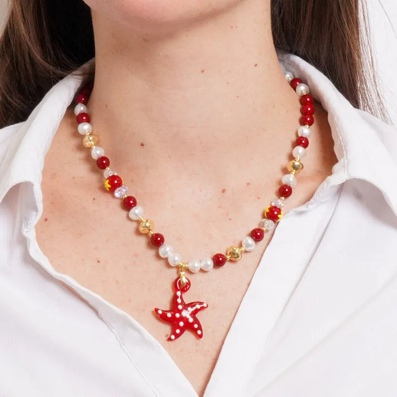 Metal Necklace with Red Starfish Murano Stone and Red and Gold Stones