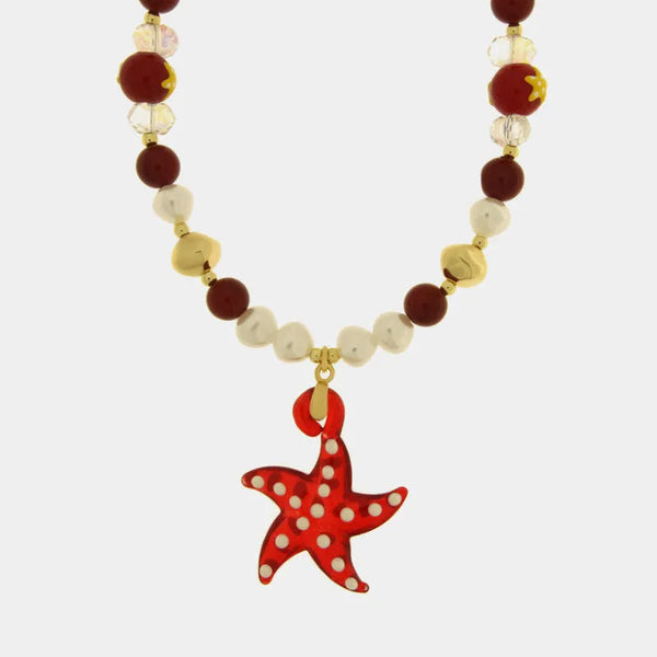 Collana in Metallo con Art Glass Stone stella marina rossa e pietre rosse e dorate - BYSIMON gioielli