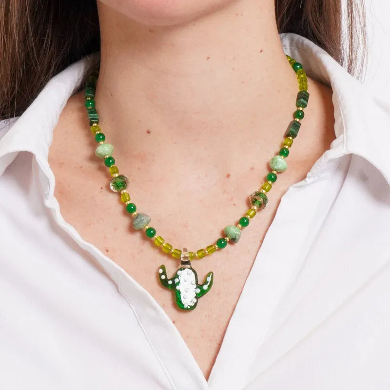 Collana in Metallo con Murano Stone fico d'india verde e pietre verdi