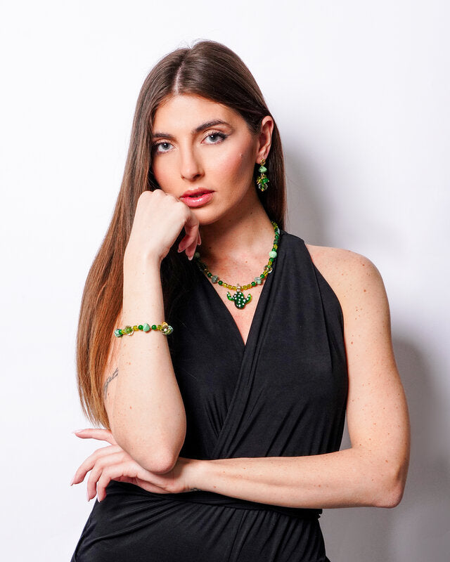 Set coordinato - Collana in Metallo con Art Glass Stone fico d'india verde e pietre verdi