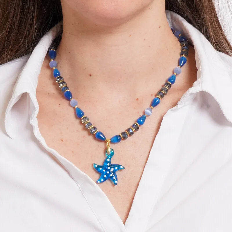 Collana in Metallo con Murano Stone stella marina azzurra e pietre azzurre AMOVENEZIA - gioiello BySimon