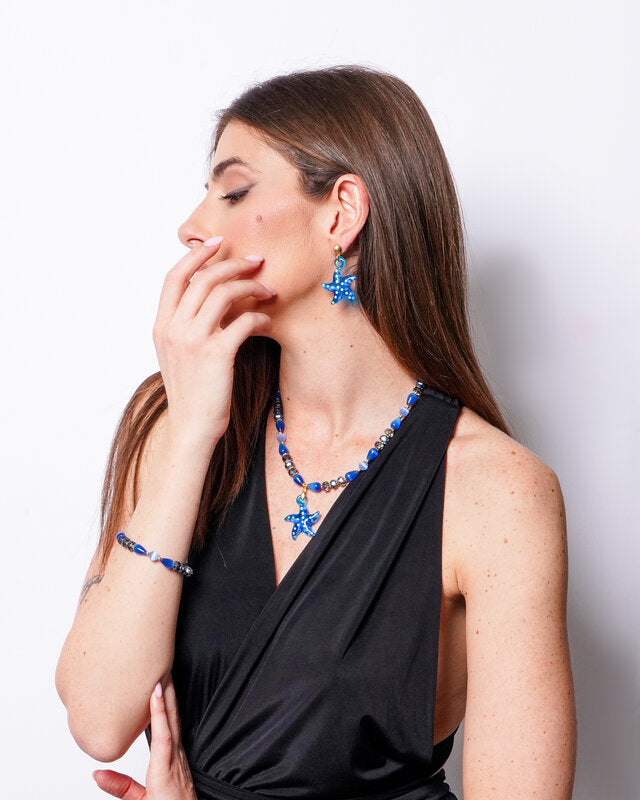 Set coordinato - Collana in Metallo con Art Glass Stone stella marina azzurra e pietre azzurre