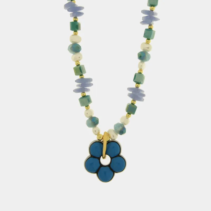 Elegant Metal Necklace with central blue flower