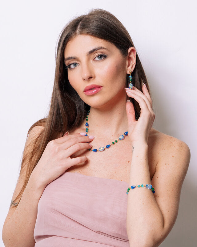 Set coordinato - Collana in Metallo con Art Glass Stone pietre azzurre e turchesi