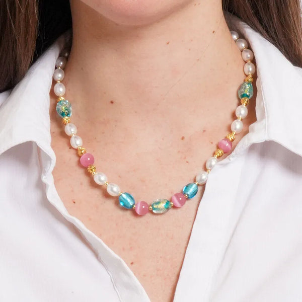 Collana in Metallo Art Glass Stone con pietre bianche, rosa e turchesi - BYSIMON gioielli