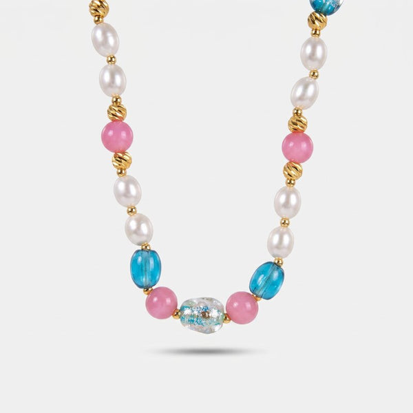 Collana in Metallo Art Glass Stone con pietre bianche, rosa e turchesi - BYSIMON gioielli