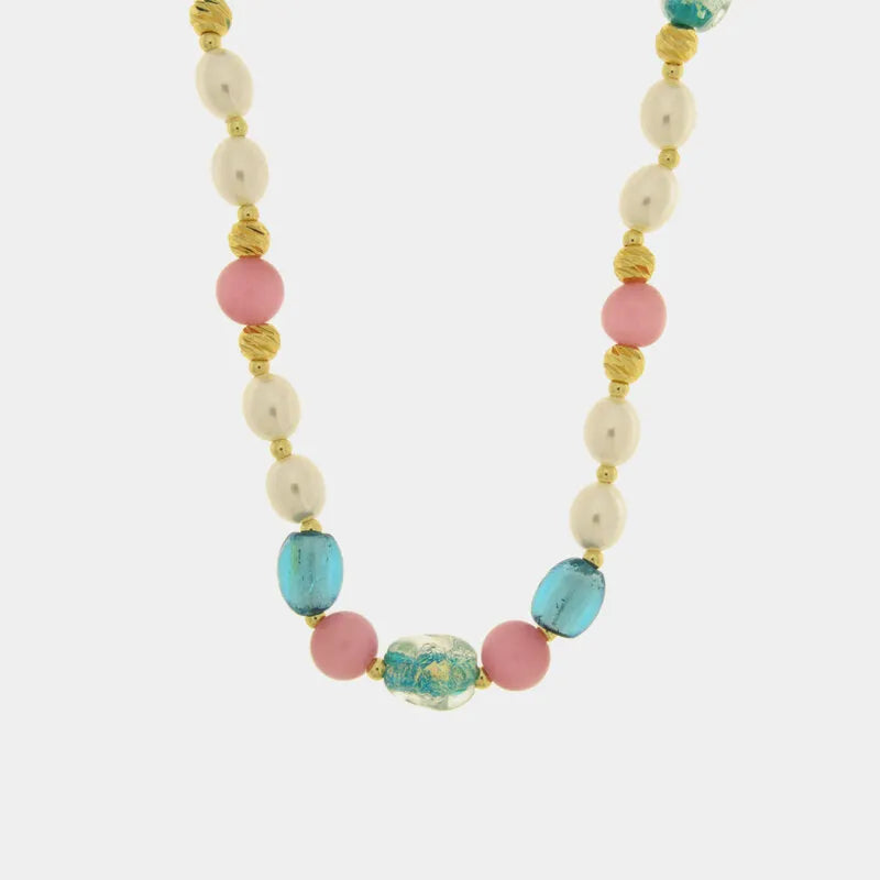 Murano Stone Metal Necklace with white, pink, and turquoise stones