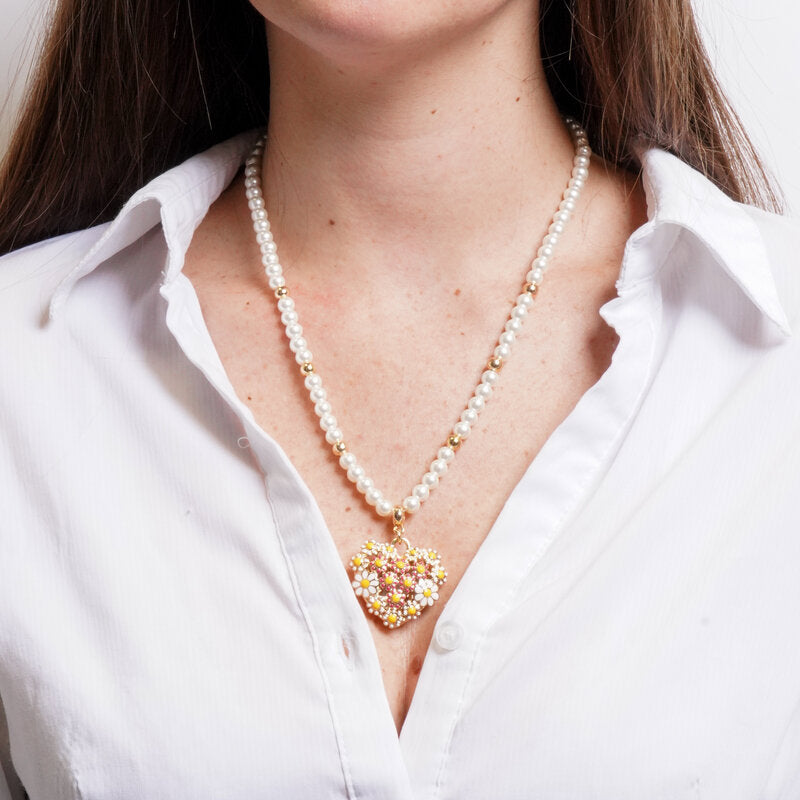 Collana in Metallo perle avorio pendente cuore margherite gialle rosso smalto Capri