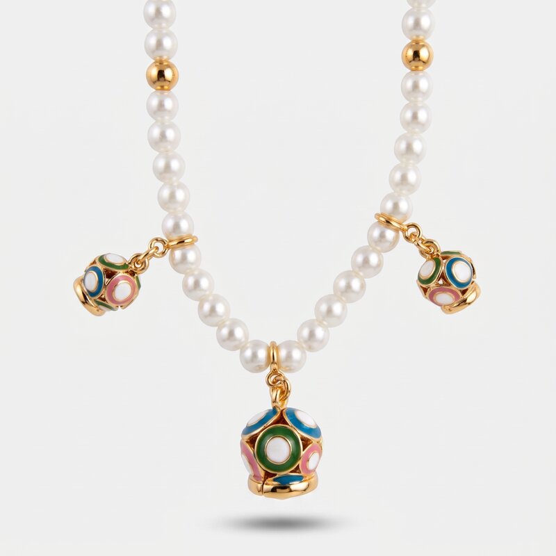 Collana in Metallo con filo di sfere bianche e campanella multicolore CAPRI - gioiello BySimon