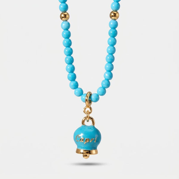 Collana in Metallo con filo di sfere azzurre e campanella con scritta capri - BYSIMON gioielli