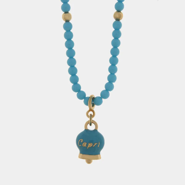Collana in Metallo con filo di sfere azzurre e campanella con scritta capri - BYSIMON gioielli