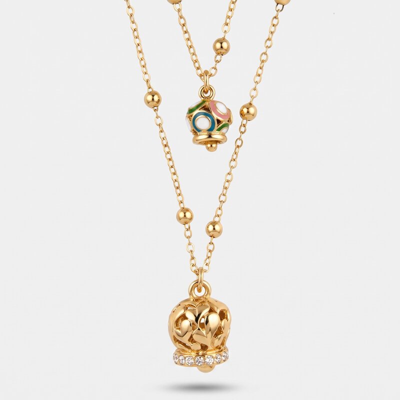 Collana in Metallo multifilo dorata con campanella multicolore e campanella dorata con cuori e zirconi - BYSIMON gioielli