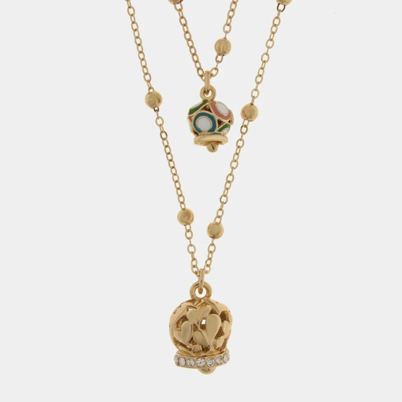 Multistrand gold-plated metal necklace with multicolored bell and gold-plated bell with hearts and zircons