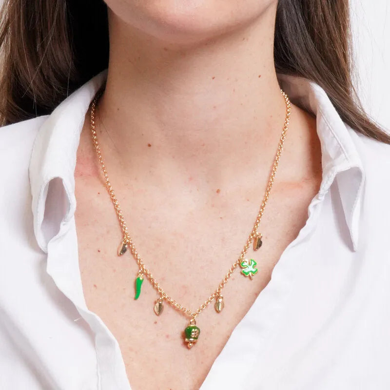 Collana in metallo con corno portafortuna e quadrifoglio | cornetto napoletano | BYSIMON