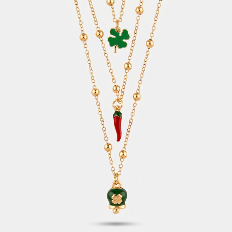Collana in metallo multifilo con corno portafortuna e quadrifoglio | cornetto napoletano | BYSIMON