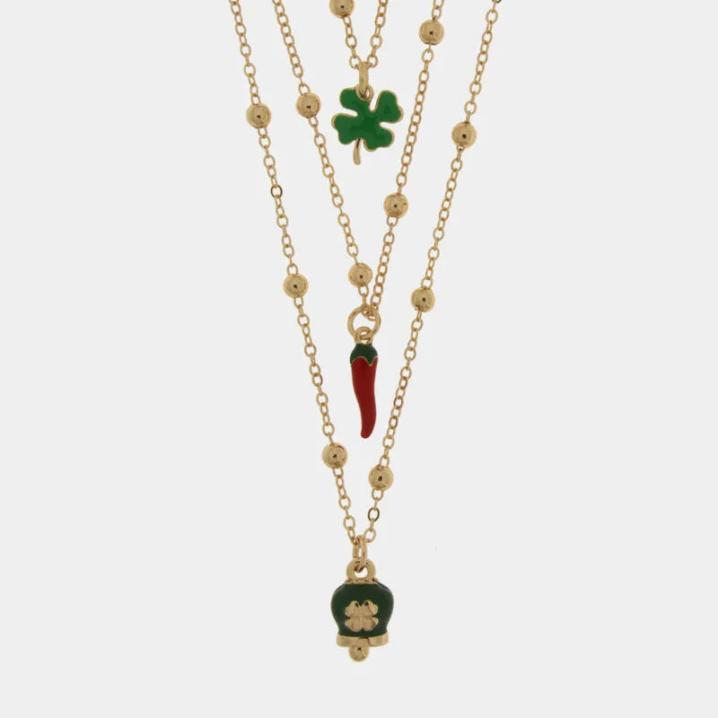 Collana in Metallo multifilo con quadrifoglio, corno e campanella con quadrifoglio portafortuna CAPRI - gioiello BySimon