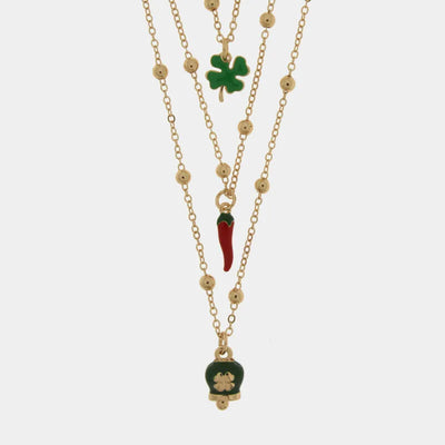 Collana in metallo multifilo con corno portafortuna e quadrifoglio | cornetto napoletano | BYSIMON