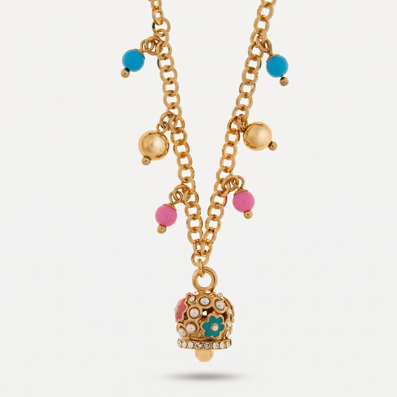 Collana in Metallo con sfere colorate e campanella con fiori e cristalli in rilievo - BYSIMON gioielli