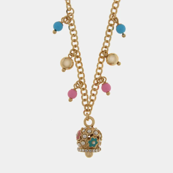 Collana in Metallo con sfere colorate e campanella con fiori e cristalli in rilievo - BYSIMON gioielli