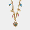 Collana in Metallo con sfere colorate e campanella con fiori e cristalli in rilievo