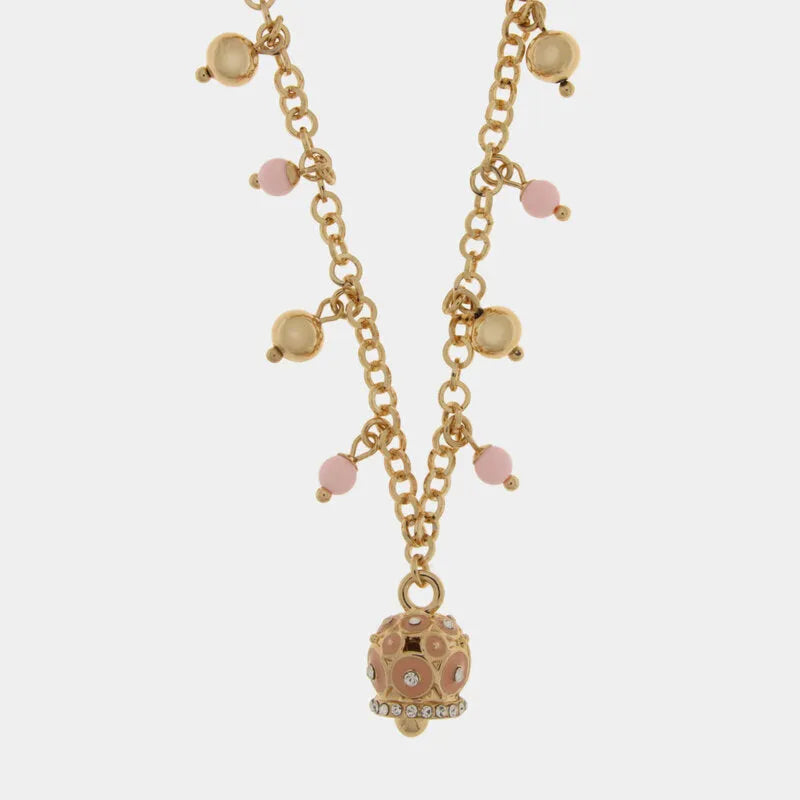 Collana in Metallo con sfere colorate e campanella con cerchi rosa e cristalli in rilievo