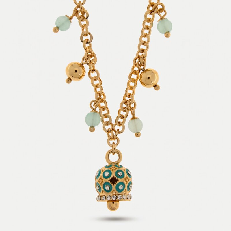 Collana in Metallo con sfere colorate e campanelle con cerchi azzurri e cristalli in rilievo - BYSIMON gioielli