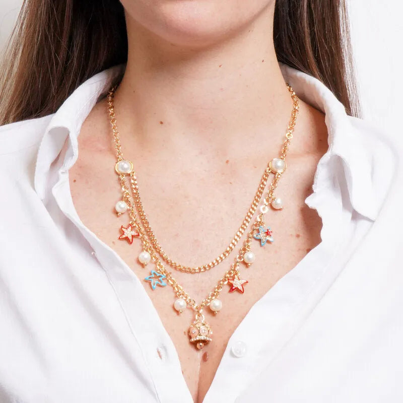 Collana in Metallo multifilo con sfere, stelle marine e campanella con cerchi rosa e cristalli luminosi CAPRI - gioiello BySi