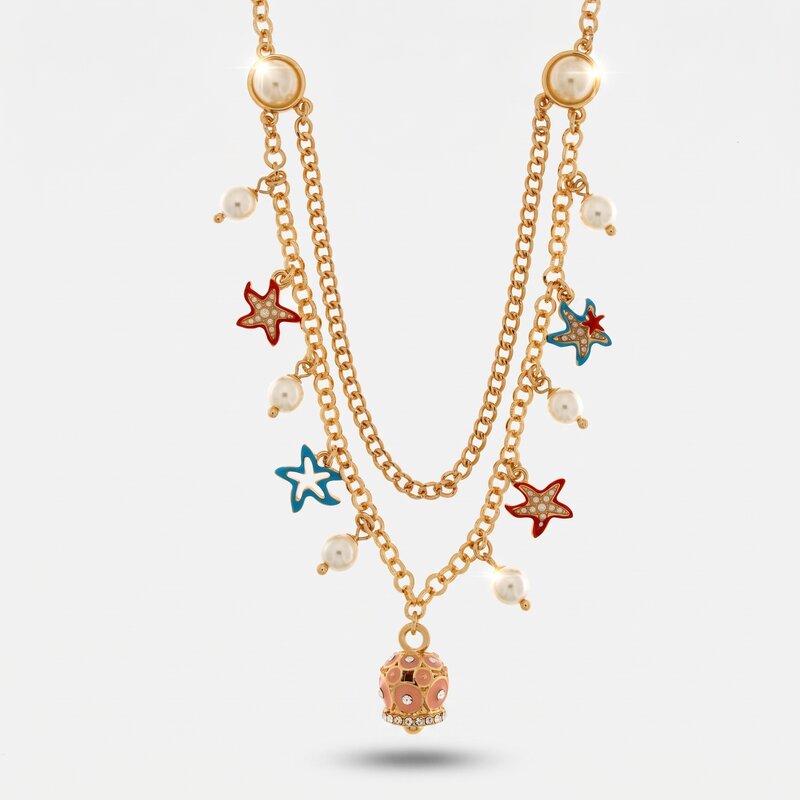 Collana in Metallo multifilo con sfere, stelle marine e campanella con cerchi rosa e cristalli luminosi CAPRI - gioiello BySi