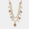 Collana in Metallo multifilo con sfere, stelle marine e campanella con cerchi rosa e cristalli luminosi