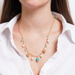Collana in Metallo con campanella azzurra con cuore, sfere colorate e campanelle con cuori dorate CAPRI - gioiello BySimon