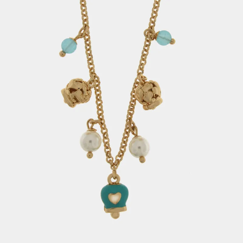 Collana in Metallo con campanella azzurra con cuore, sfere colorate e campanelle con cuori dorate CAPRI - gioiello BySimon