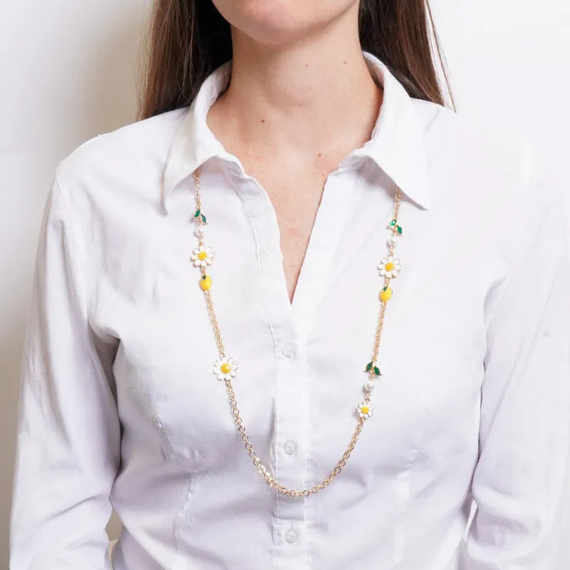 Collana in Metallo catena dorata lunga due margherite smaltate bianche gialle Capri