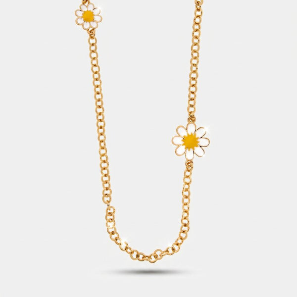 Collana in Metallo catena dorata lunga due margherite smaltate bianche gialle Capri