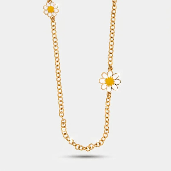 Collana in Metallo catena dorata lunga due margherite smaltate bianche gialle Capri