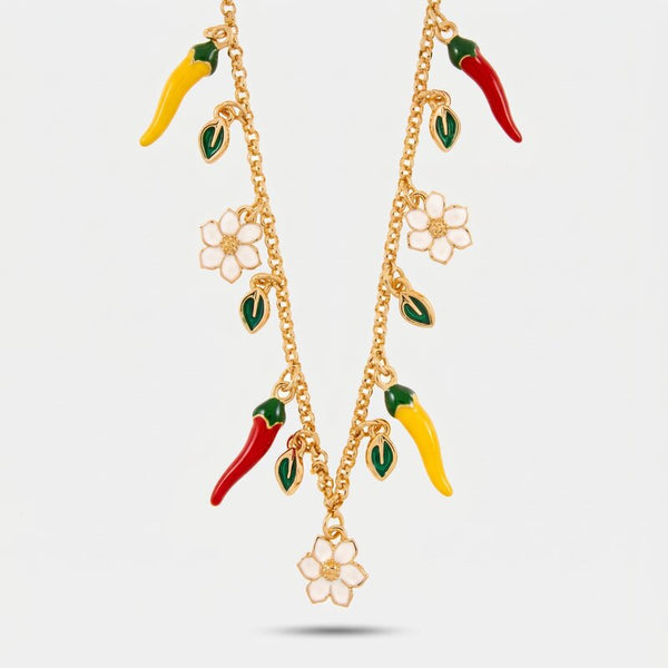 Collana in Metallo catena dorata charm peperoncini fiori foglie verdi smalto Capri