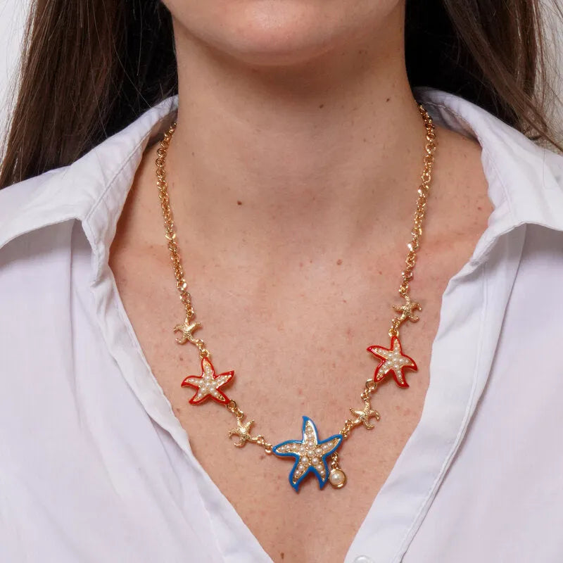 Collana in Metallo con stelle marine smaltate e pietre bianche BYS - gioiello BySimon