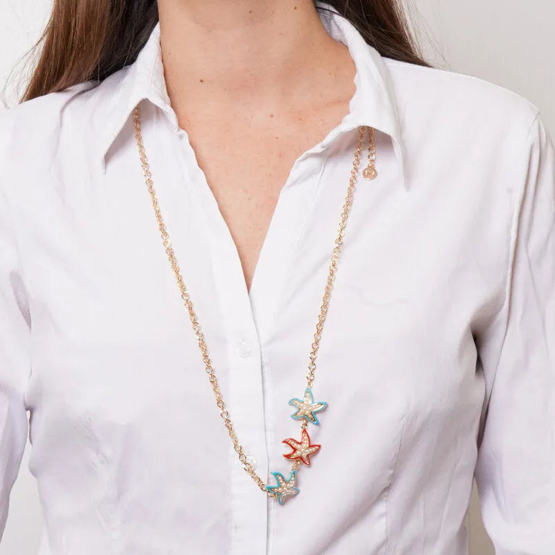 Collana in Metallo con stelle marine smaltate e pietre bianche