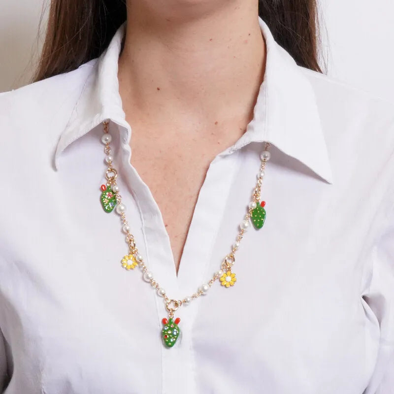 Collana in Metallo fichi d'india con margherite e perline