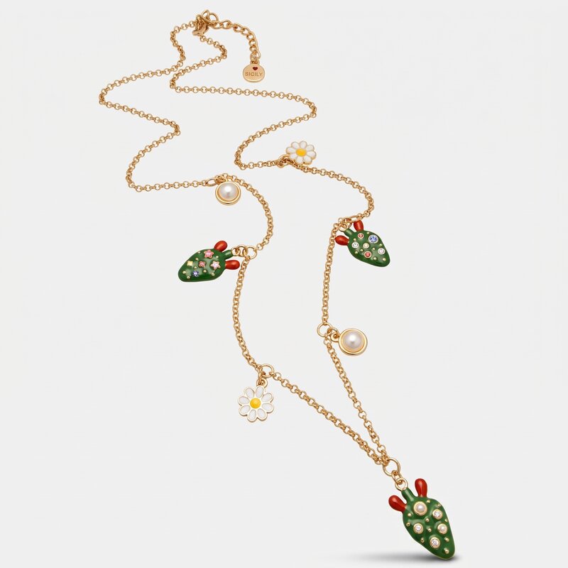 Set coordinato - Collana in Metallo fichi d'india con margherite, fiori e perline