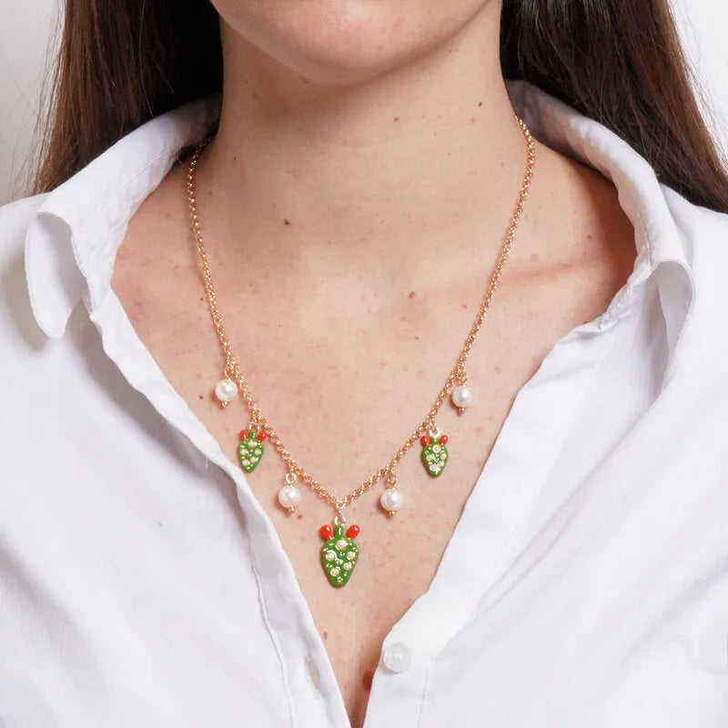 Collana in Metallo fichi d'india con margherite e perline