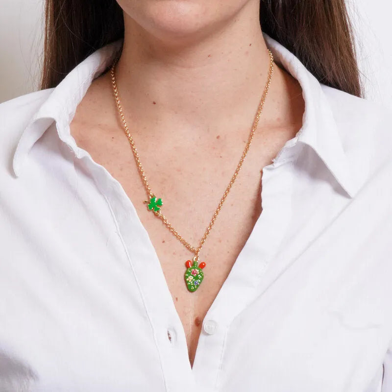 Collana in Metallo fico d'india con fiori e quadrifoglio