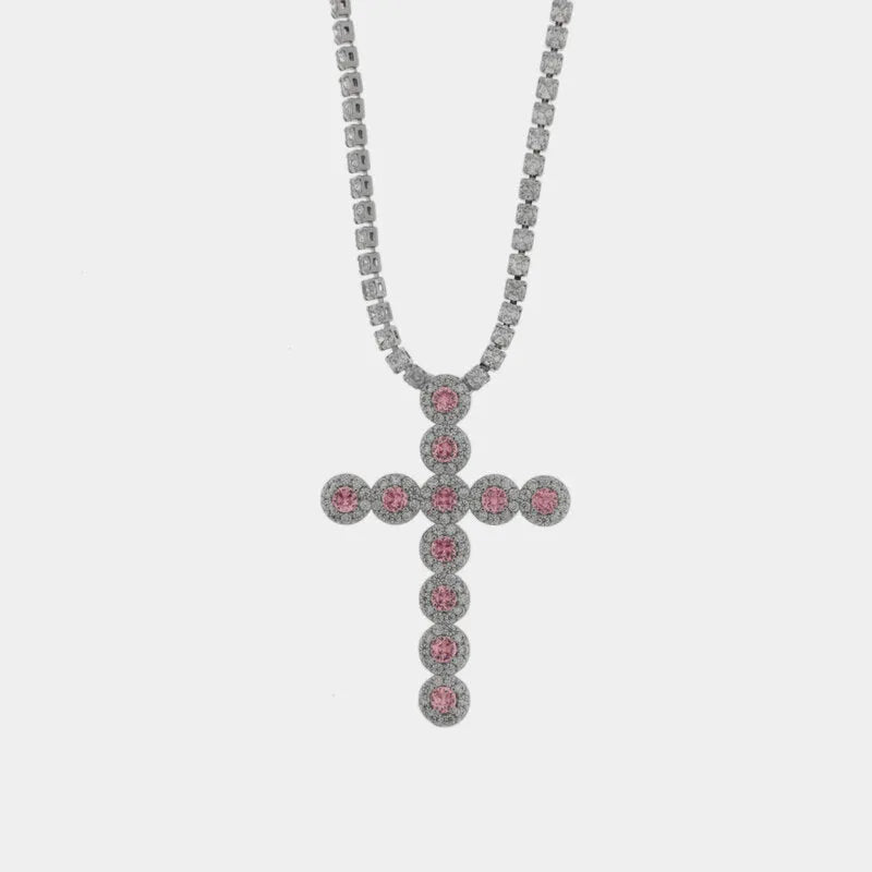 Collana in Metallo Croce Cristalli Rosa