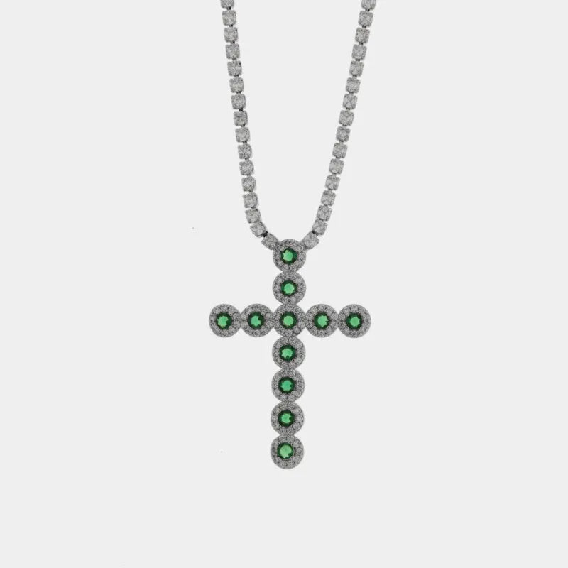 Collana in Metallo Croce Cristalli Verdi