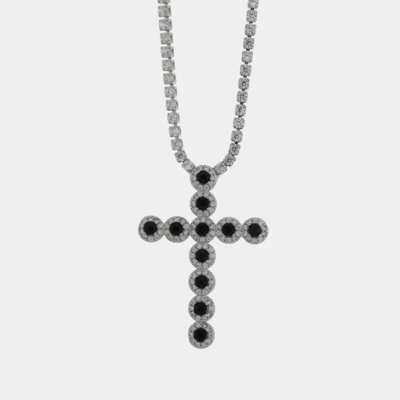 Collana in Metallo Croce Cristalli Neri
